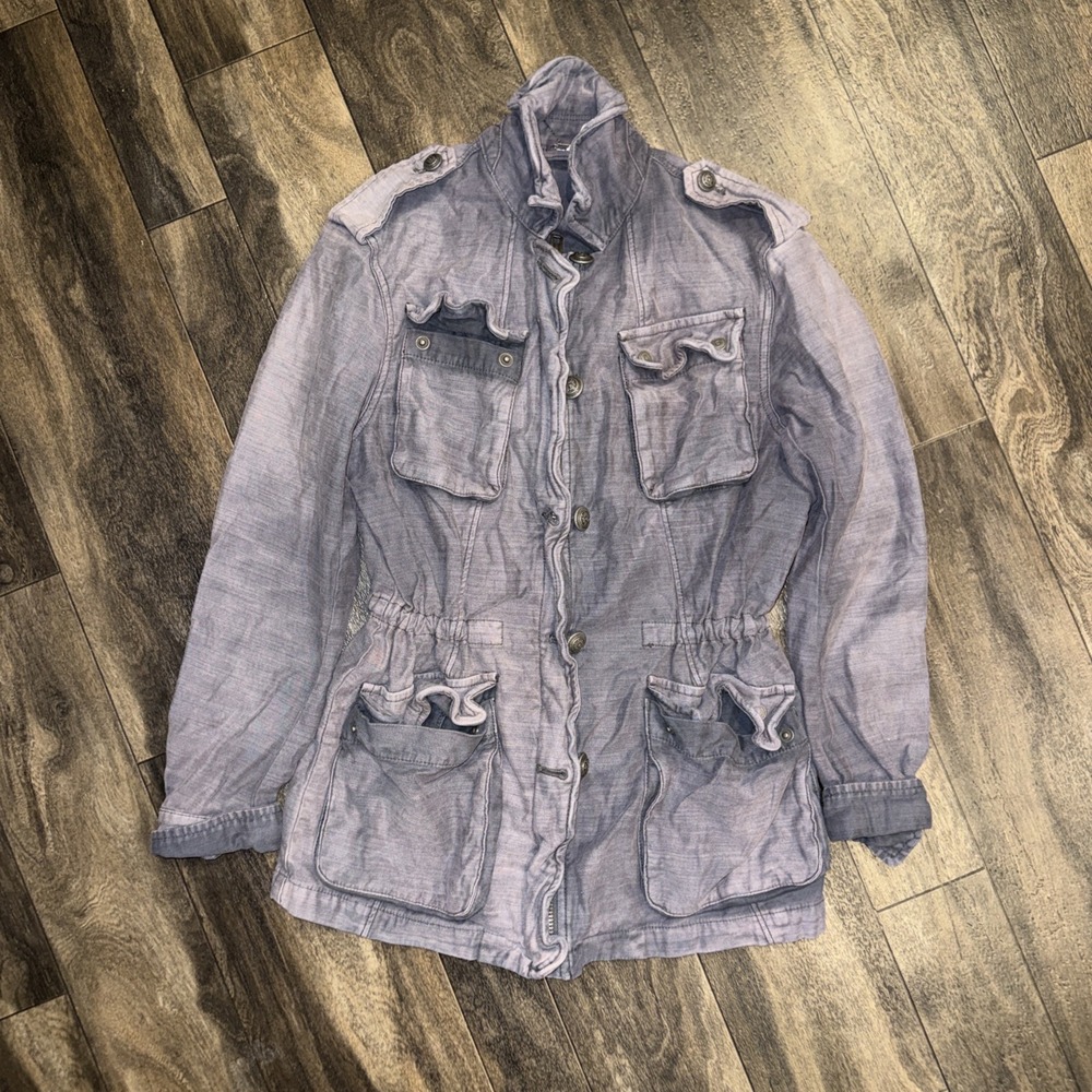 Free People Not Your Brothers Surplus Jacket Womens XS Washed Slate Blue Button